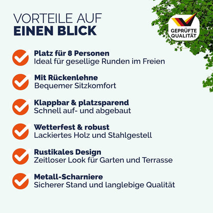 Casaria Bierzeltgarnitur mit Lehne 170 cm, Klappbar, Holz Stahl, Braun