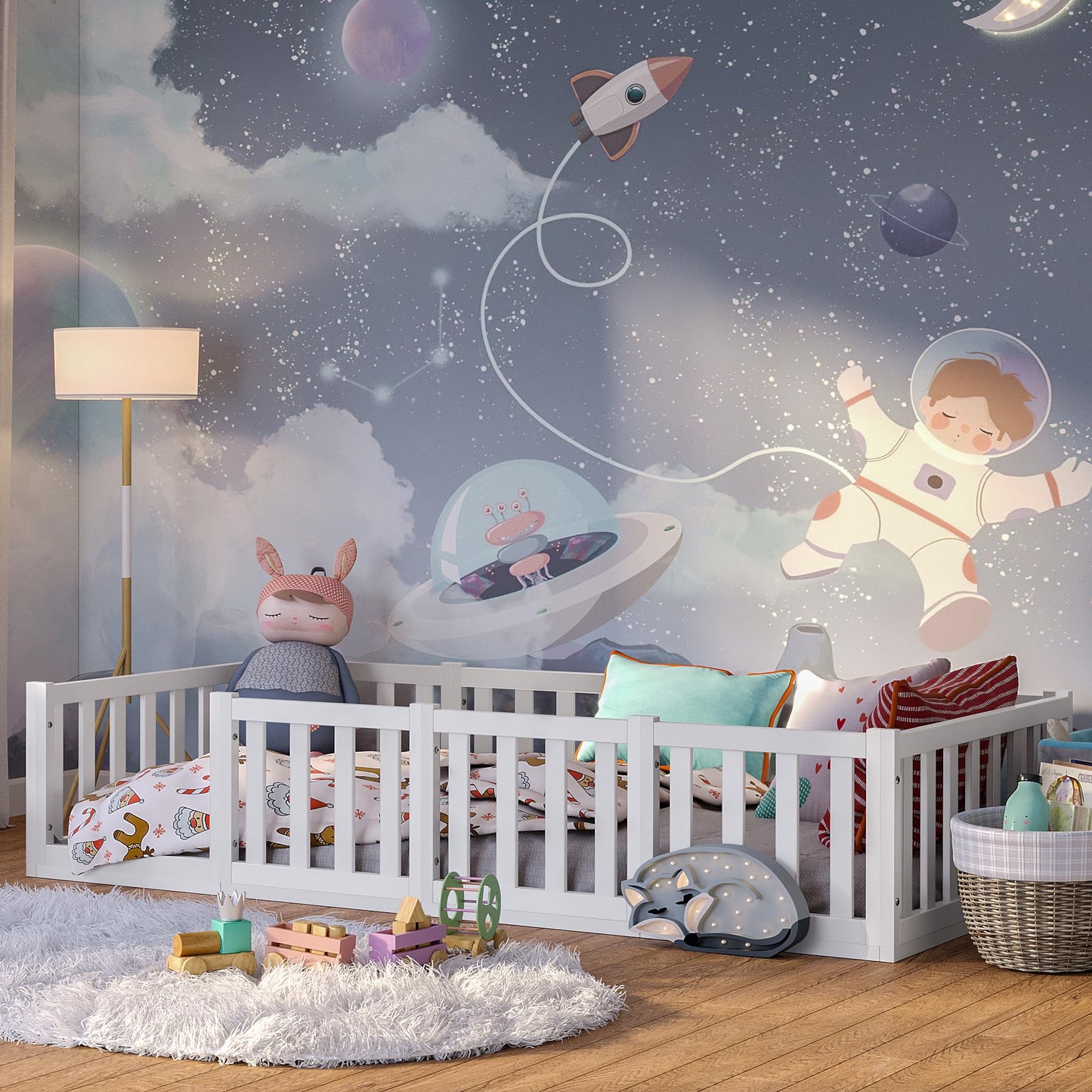 Bellabino Montessori Kinderbett Bodenbett aus Kiefer Massivholz mit Rausfallschutz & Lattenrost