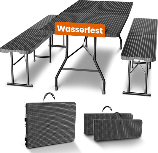 NewHabitat Bierzeltgarnitur 3er Set klappbar – Kunststoff Tisch 180 cm & 2 Bänke mit Tragegriff, Schwarz