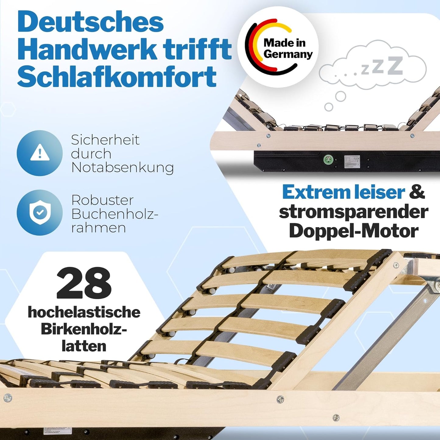 RehaSleep Komfort Lattenrost elektrisch verstellbar, Birkenholz, Made in Germany