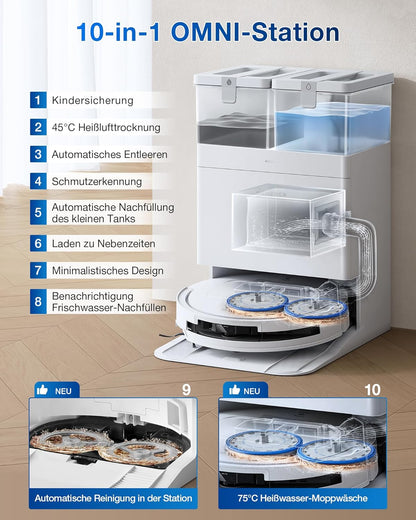 ECOVACS DEEBOT T50 Omni Saugroboter: 15.000 Pa, Heisswasser-Wischfunktion mit All-in-One Station