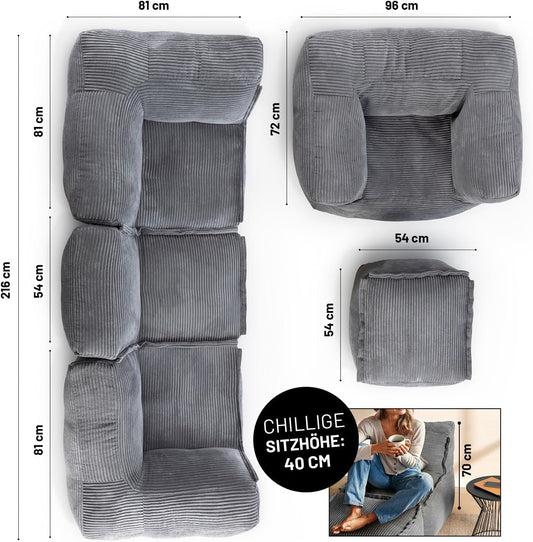 Lumaland Modulares Cord Sitzsack Sofa Set – Bean Bag Module mit EPS-Füllung, Weich, Indoor, Modern