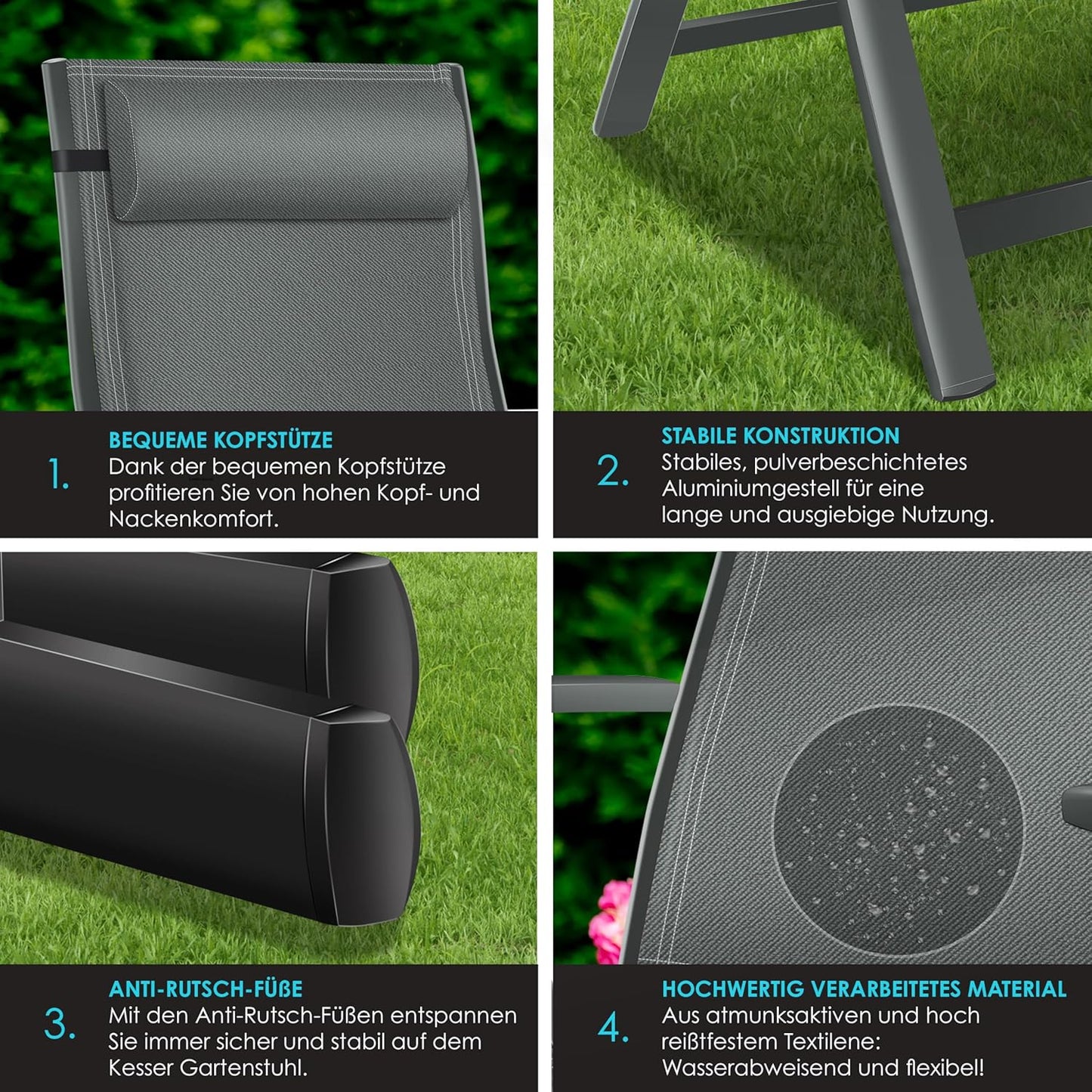 KESSER Gartenstuhl Hochlehner – Klappstuhl Aluminium, Wetterfest, Mit Kopfkissen, Outdoor