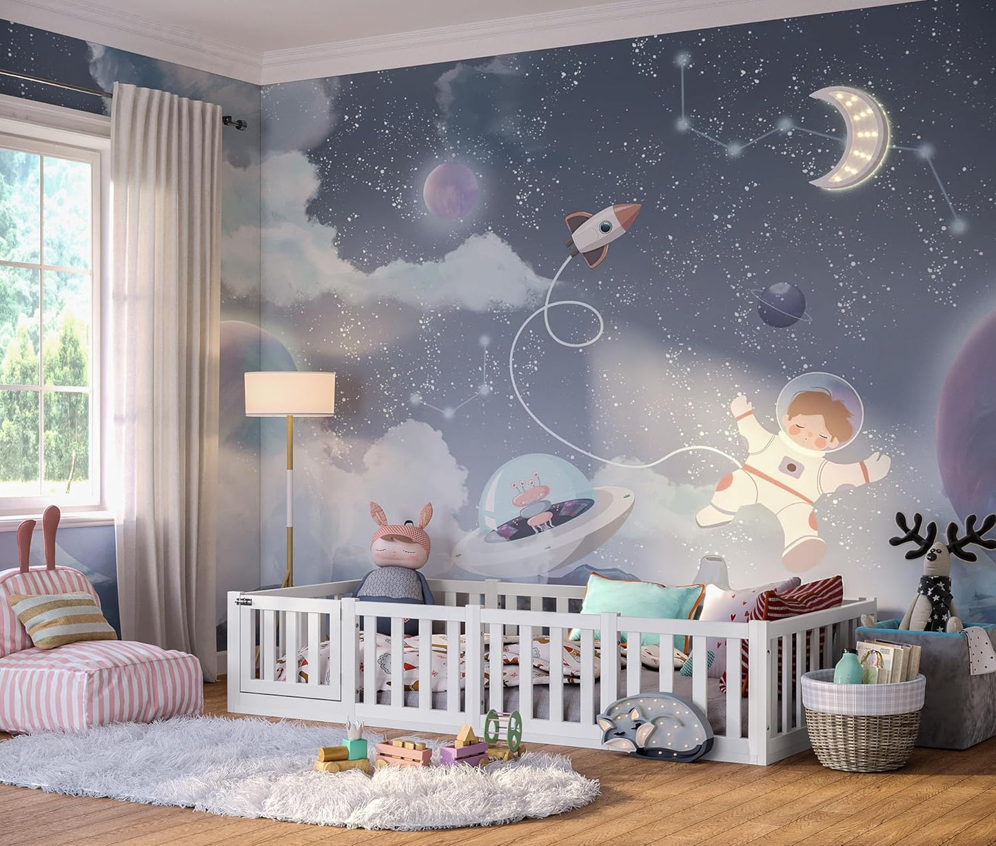 Bellabino Montessori Kinderbett Bodenbett aus Kiefer Massivholz mit Rausfallschutz & Lattenrost