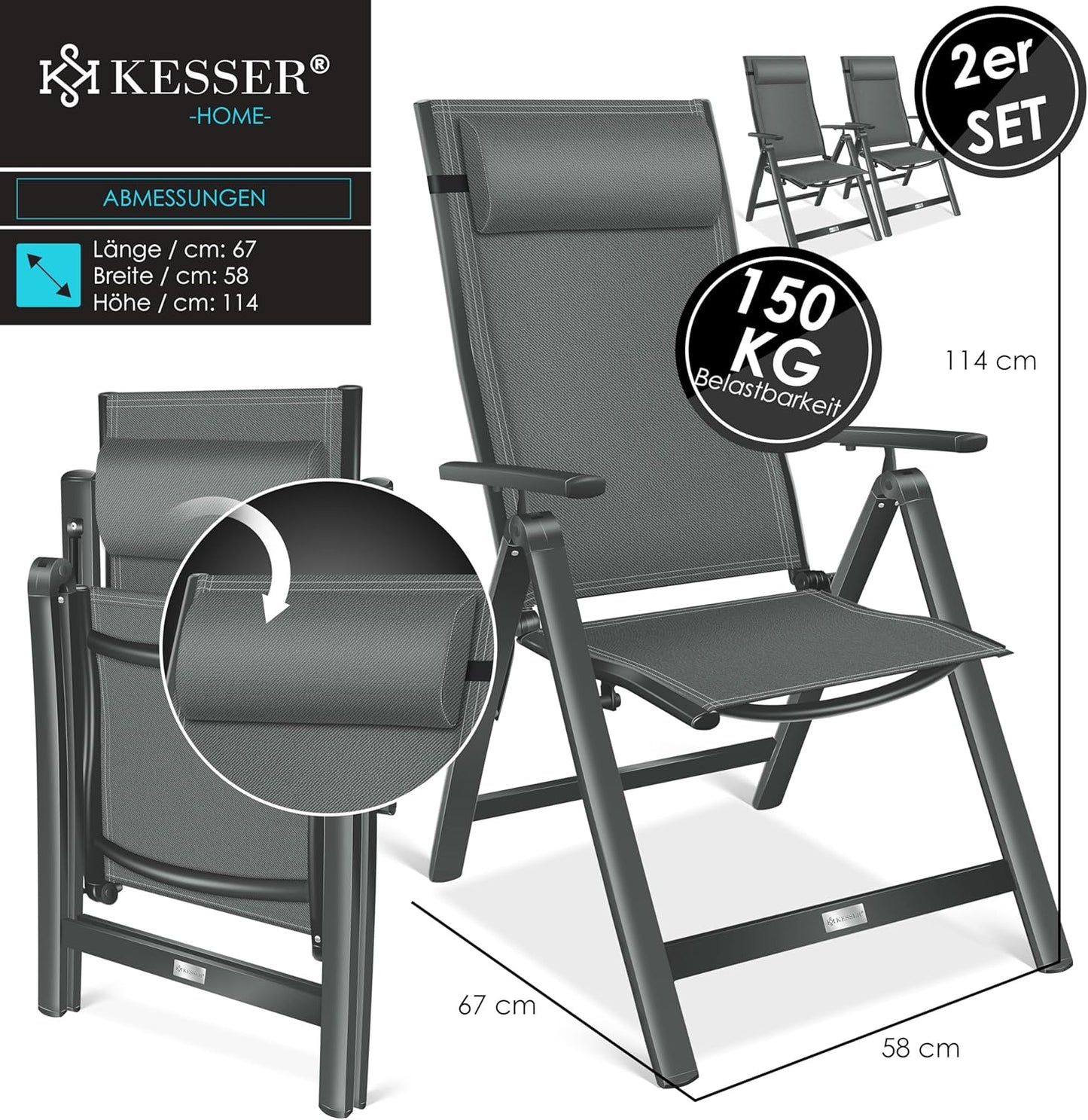 KESSER Gartenstuhl Hochlehner – Klappstuhl Aluminium, Wetterfest, Mit Kopfkissen, Outdoor