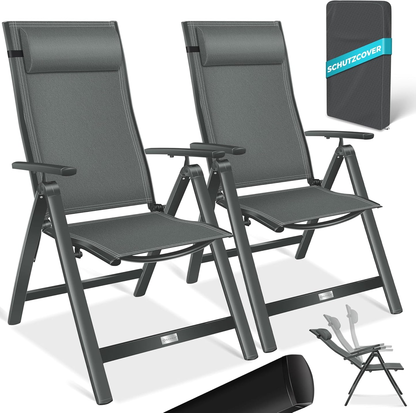 KESSER Gartenstuhl Hochlehner – Klappstuhl Aluminium, Wetterfest, Mit Kopfkissen, Outdoor