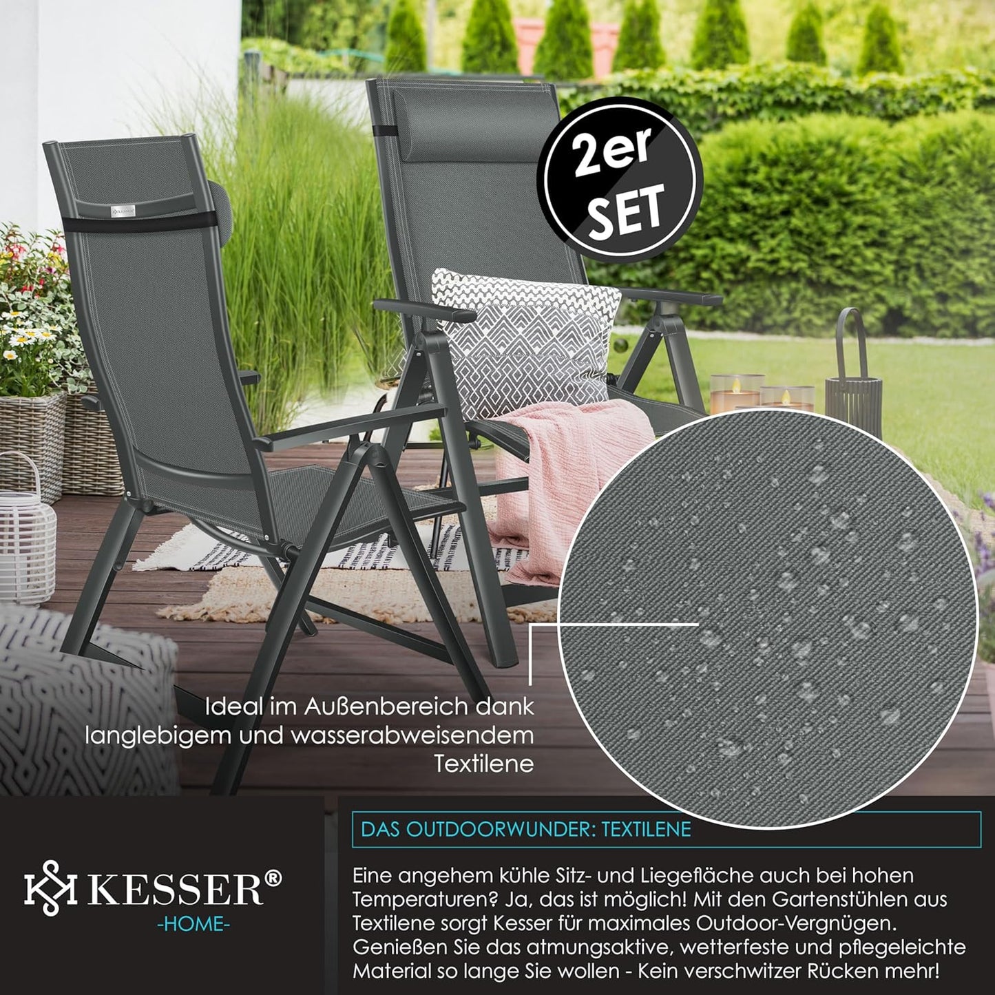 KESSER Gartenstuhl Hochlehner – Klappstuhl Aluminium, Wetterfest, Mit Kopfkissen, Outdoor