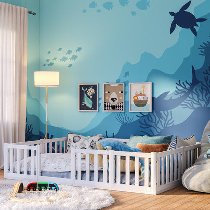 Bellabino Montessori Kinderbett Bodenbett aus Kiefer Massivholz mit Rausfallschutz & Lattenrost
