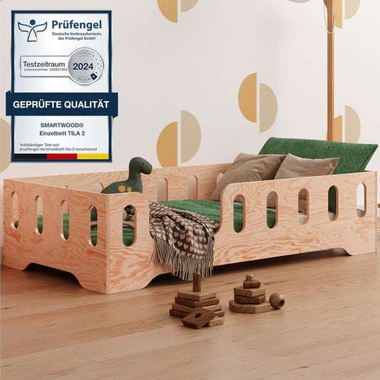 smartwood Bodenbett 70x140 Montessori Kinderbett aus Holz mit FSC-Zertifikat TILA 2L mit Rausfallschutz & Lattenrost bis 230kg belastbar - Einfache Montage