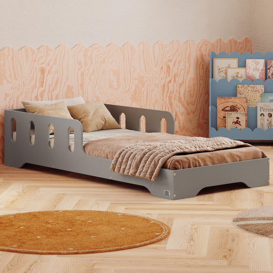 smartwood Montessori Kinderbett aus Holz mit Rausfallschutz & Lattenrost – Bodenbett für Kinder – FSC