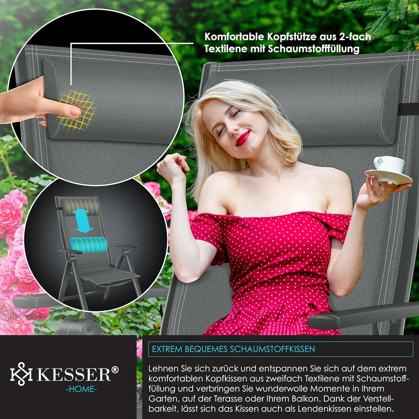 KESSER Gartenstuhl Hochlehner – Klappstuhl Aluminium, Wetterfest, Mit Kopfkissen, Outdoor