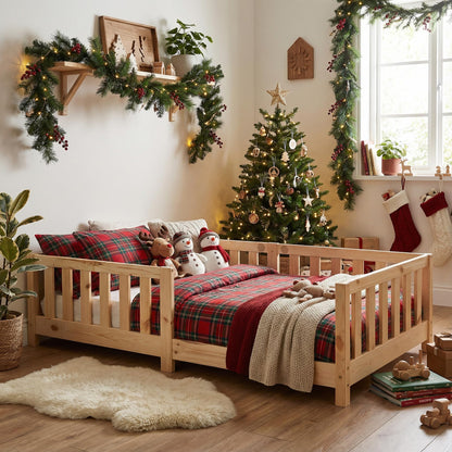 ecomi Kinderbett Montessori Bodenbett Massivholz mit Rausfallschutz und Lattenrost, Skandinavisches Design, für Mädchen und Jungen