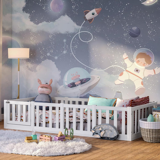 Bellabino Montessori Kinderbett Bodenbett aus Kiefer Massivholz mit Rausfallschutz & Lattenrost