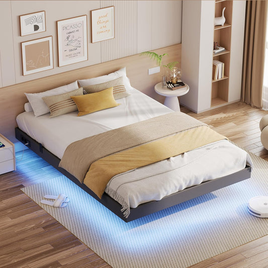 IRONCK Bettgestell mit LED & Ladestation - Floating Bed, Metallrahmen, gepolstert
