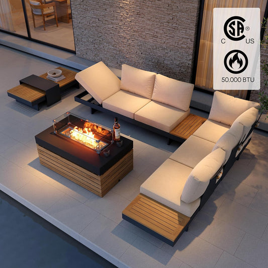 Homary 6-teiliges Outdoor Sofa Set – Aluminium & Teak Gartenlounge mit Feuerstelle, modular, wetterfest